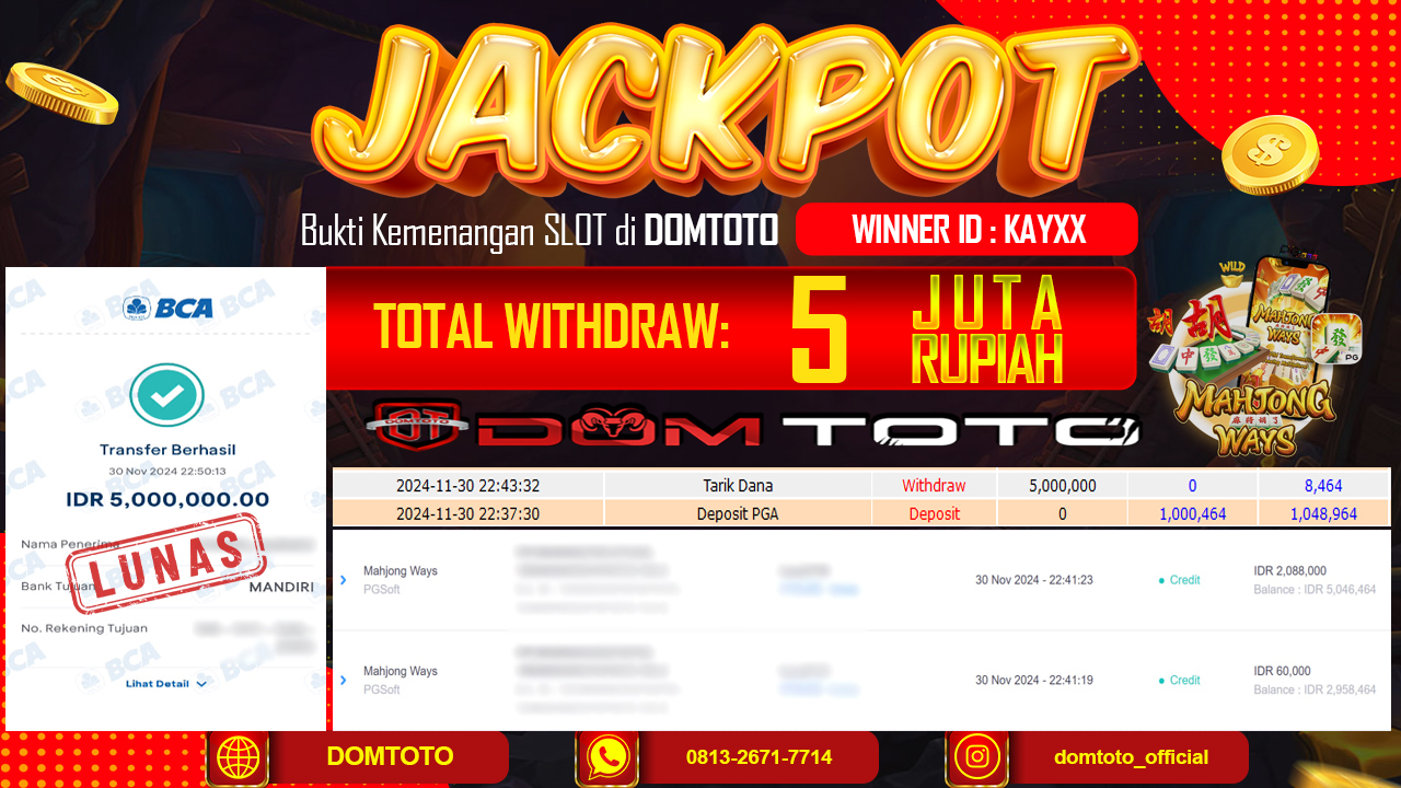 JACKPOT  SLOT MAHJONG WAYS 30NOVEMBER 2024